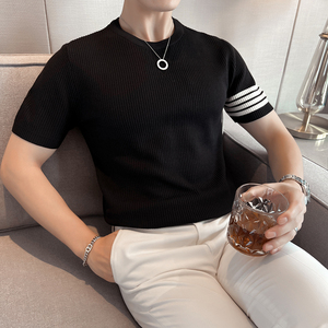 เสื้อถักคอกลมลายทางสำหรับผู้ชายเสื้อยืดสีดำสีขาวระบายอากาศได้ดีหรูหรามี2023สำหรับฤดูใบไม้ร่วง - Product Image 5