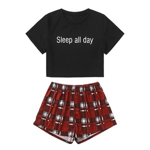 Summer Women's Plus Size Embroidered Pajamas Set Hipster Pants Suit Black <b>T</b>-shirt Short-Sleeved Printed Cotton with Shorts - Product Image 2