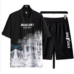 ชุดเสื้อยืดและกางเกงขาสั้นลำลองสำหรับผู้ชาย Col Dker Summer ชุดกีฬา ทรงหลวม ผ้าเทอร์รี่ แห้งเร็ว ปรับขนาดได้ - Product Image 1