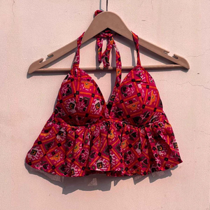 Femme Rose Patola Kota Doria Coton Amovible Pad Bralette Bikini Maillot De Bain Taille Haute À Volants Top Court Halter Tricoté - Product Image 1