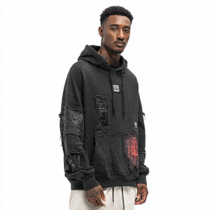 :)Customized Premium-Quality Winter Streetwear 500gsm Zipper Acid Washed Raw Hem Cropped Distressed Embroidery patch Hoodie - Product Image 3