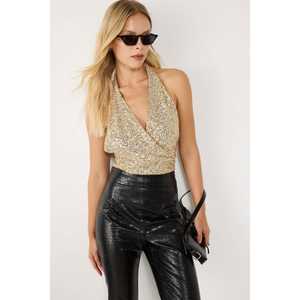 เสื้อผู้หญิงแบบเปิดไหล่ประดับเลื่อมสีทอง ดีไซน์คอวีด้านหลัง สไตล์ลำลอง ทรงปกติ เหมาะสำหรับใส่ไปทำงานหรือไปงานปาร์ตี้ ไซส์ XL - Product Image 3