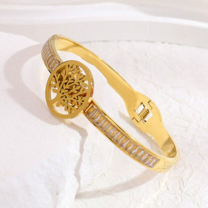 Moda açık sonu kararmaz ücretsiz hayat ağacı kristal kübik zirkonya bileklik su geçirmez 18K altın kaplama paslanmaz çelik bilezik - Product Image 1