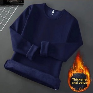 T-shirt à manches longues pour homme, doublé en polaire, sous-vêtement thermique, col rond, décontracté, chemise de base, 100% coton, vêtements d'automne et d'hiver - Product Image 3