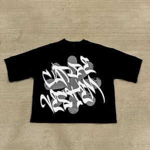 Camiseta personalizada de microfibra para hombre, camisetas de cuello redondo de algodón pesado con timbre, camiseta recortada cuadrada con bordado de retazos con apliques de gran tamaño - Product Image 1