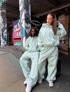 Ensemble de survêtement décontracté unisexe en polyester/coton vert menthe surdimensionné, résistant à l'eau, léger, sweat-shirt et pantalon de survêtement, streetwear ample - Product Image 4
