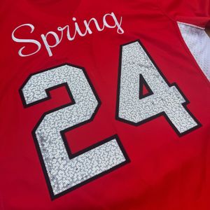 DST maglia da calcio rosso con finiture bianche con ricami di paillettes Glitter numeri 13 e 24 Delta confraternita greco Life abbigliamento donna - Product Image 6