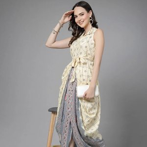 Women's Readymade Ethnic Motifs Printed Dhoti Styled <b>Dress</b> Shirt Collar Sleeveless Designer Indo Western A-Line Silhouette - Product Image 1
