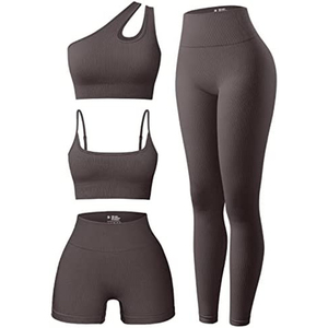 Ensemble de 4 pièces pour femmes, vêtements en gros, exercice côtelé, col rond, soutien-gorge de sport, haut à une épaule, taille haute, short, Leggings, ensemble actif - Product Image 3