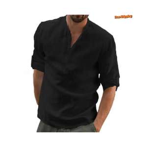 Camisa de lino bohemio para hombre, camisa clásica abotonada de manga larga de algodón y lino, camisa holgada, ropa de calle informal, regalo para ella - Product Image 5