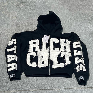 Sudaderas con capucha con cremallera personalizadas para hombre 420Gsm Heavyweight Terry Vintage Applique Parche bordado desgastado Técnica lavada a la piedra - Product Image 6