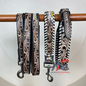 Nouveau collier de chien en cuir véritable usiné à la main de haute qualité en gros, laisse et laisse de circulation 3 pièces ensembles combinés accessoires pour chiens - Product Image 1