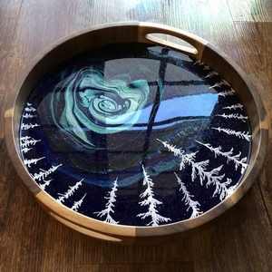 Luxury Designer Epoxy <b>Resin</b> Wooden Round Tray Handmade Glossy Wedding Serving Board Tea Coffee Snacks Dining Home Decor - Product Image 4