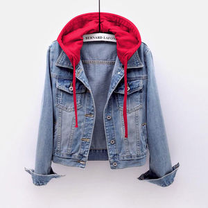 Vêtement d'extérieur décontracté pour femmes en gros, coupe ajustée, manches longues, veste en jean délavée avec capuche contrastée rouge, manteau en jean - Product Image 6