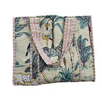Sac fourre-tout léger et durable en coton matelassé imprimé à la main motif animalier, style bohème, ouverture supérieure, écologique