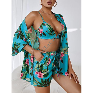 Femmes 3 pièces été vacances tenue Floral Kimono Cardigan coupe haute plage couverture culture Cami haut léopard rayé motif cristal - Product Image 3