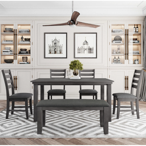 Ensemble de salle à manger en bois rustique, style traditionnel antique de ferme, ensemble de 6 pièces comprenant une table, des chaises grises avec un banc, ameublement pour la maison - Product Image 6