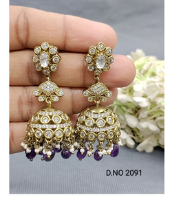Pendientes Jhumki colgantes largos de estilo étnico indio tradicional para mujer con diseño de acabado chapado en oro antiguo de la India - Product Image 6