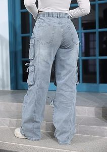 Pantalones vaqueros rasgados elásticos de cintura media de Color sólido a la moda para mujer de talla grande, Vaqueros ajustados informales de verano con decoración de botones - Product Image 5
