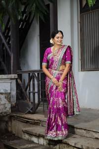 ผ้าส่าหรีผ้าไหมแท้สำหรับงานแต่งงานผ้าส่าหรีลายลูกไม้แฟนซี - Product Image 3