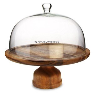 Eco-Freindly Best Quality Acacia Wooden Made <b>Cake</b> <b>Stand</b> <b>With</b> Clear <b>Glass</b> <b>Dome</b> Top Cover Cup <b>Cakes</b> And <b>Cake</b> Display <b>Stand</b> Supply - Product Image 1