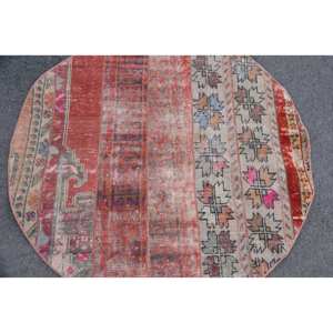 Alfombra turca Vintage roja de 4,2x4,2 pies, área grande, respaldo de látex de lana, patrón de retazos, comedor, alfombra ovalada ecológica mediana - Product Image 5