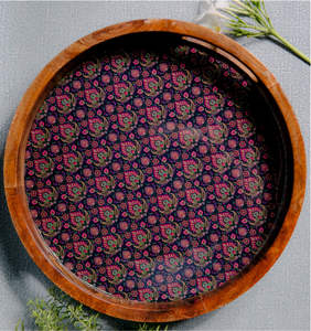 Plateau de service imprimé floral en bois avec poignée coupe émail de forme ronde coting plateau de service aspect brillant - Product Image 3