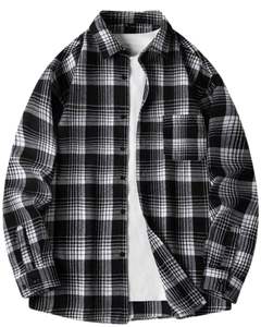 Chemise en flanelle à carreaux noirs et blancs pour homme, en coton et polyester, à manches longues, boutonnée, décontractée, coupe ample et chaude - Product Image 1