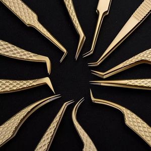 Pinzas de pestañas de acero inoxidable dorado Herramientas profesionales manuales de alta precisión para extensión de pestañas y ventiladores de volumen - Product Image 6