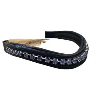 Banda de ceja de caballo de cuero negro Premium hecha a mano con cristales grandes de color púrpura cosidos a mano - Product Image 1