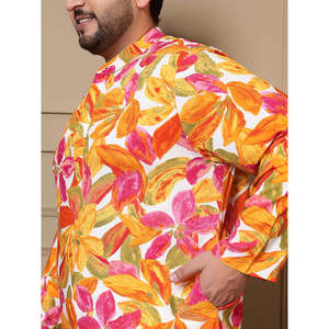 Amanush Kurta longue pour homme, grande taille, imprimé feuilles multicolores, manches trois-quarts, col mandarin, coupe ample, décontracté d'été - Product Image 2