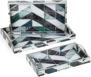 บ้าน Co. ถาดเสิร์ฟไม้สี่เหลี่ยมผืนผ้าพิมพ์ลายเรขาคณิตสีเขียวและสีขาว3-Pcs - Product Image 1