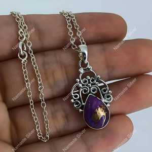 925 <b>Sterling</b> <b>Silver</b> Turquoise <b>Necklace</b> with Handmade Pendant Purple Copper Pear Shape <b>Locket</b> Fine Pendants & Charms Gift - Product Image 3