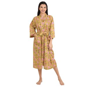 Boho Chic Cotton <b>Kimono</b> Hand-Printed Floral Motif Luxury Lightweight Summer <b>Beach</b> Vacation Robe Women's Sleepwear - Product Image 3