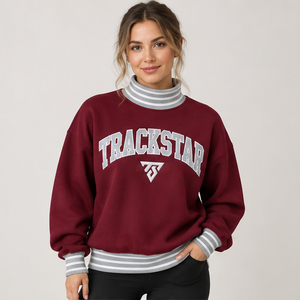 Women's Burgundy Mock Neck <b>Sweatshirt</b> with <b>White</b> Striped Trim Varsity Letters Long Trackstar OEM Private Label - Product Image 4