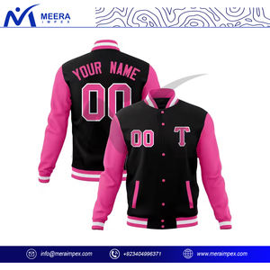 Chaqueta universitaria de manga rosa de Color negro sólido superventas, chaqueta universitaria con cuello acanalado y logotipo de chenilla personalizado para hombre - Product Image 2