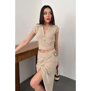 Mink <b>Linen</b> Shirt And Skirt Set - Mink - Product Image 3