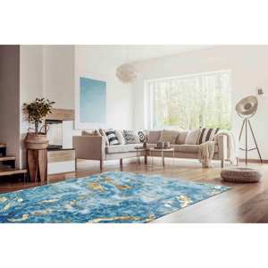 Tapis imprimé marbre doré, motif encre alcoolisée, fin, petit, bleu, tapis en velours - Product Image 3