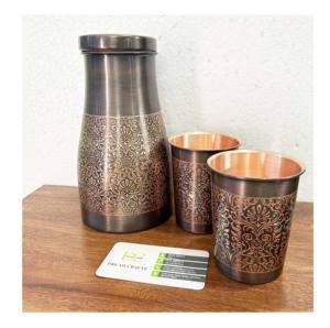 Juego de 3 botellas de agua de cobre Ayurvédico personalizadas, recipientes portátiles de Metal puro, diseño de flores grabadas, artesanías de Metal chapadas - Product Image 1