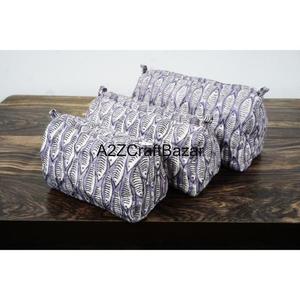 Ensemble de 3 trousses de maquillage à imprimé poisson indien, trousse de toilette en coton pur, trousse de toilette matelassée, trousse de voyage à imprimé en bloc - Product Image 4