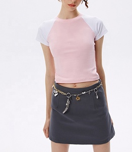 Women's Blue White Color Block American Raglan Sleeve Crop Top Crew Neck Slim Fit Sporty Short Sleeve Knitted T-<b>Shirt</b> Summer - Product Image 4