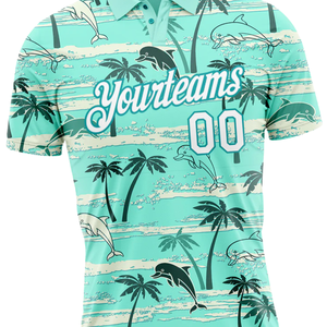Polo personnalisé par sublimation avec motif dauphin et palmier, nom d'équipe et numéro de joueur personnalisés, élégant et confortable - Product Image 2