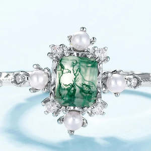 Vintage 925 Sterling Silver And <b>Gold</b> Women's Wedding Engagement <b>Ring</b> Oval Moss Green Agate <b>Cubic</b> <b>Zirconia</b> Gemstone Pearl <b>Rings</b> - Product Image 1