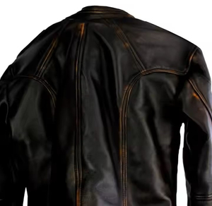 Custom Unique Style <b>Collar</b> Patch Bomber Leather <b>Jacket</b> Zip up Leather <b>Jacket</b> for Men 100% Genuine Brown Leather - Product Image 5