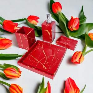 Ensemble d'accessoires de salle de bain de luxe fait à la main marbre rouge et doré 4 pièces ensembles de décoration de salle de bain maison et cadeau à bas prix - Product Image 3