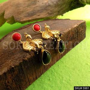 Gold plated Gemstone Statement <b>Peacock</b> Design of Drop and Dangle Earring SKU5981 - Product Image 2