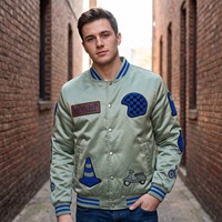Blouson Bomber en Satin Personnalisé pour Homme Vert Sauge Bleu Royal avec Patch Chenille Monster Truck Brodé Logo Personnalisé OEM