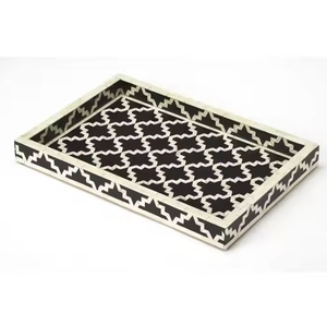 Plateau rectangulaire au design moderne, fait main, en bois avec incrustations d'os, plateau de service en os, provenance Inde - Product Image 1