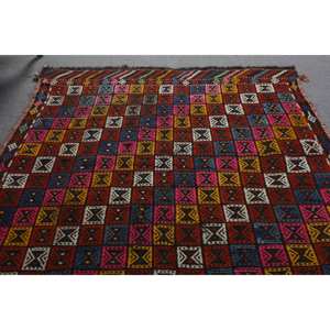 Tapis Kilim en laine rouge traditionnelle 5.2x6.8 pieds grande surface zone Rectangle turc Patchwork motif de couloir abstrait 10mm Latex - Product Image 4