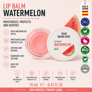 Baume à lèvres à la pastèque en marque privée SPF10 15ml OEM |   Soin hydratant pour les lèvres au beurre de karité et à la vitamine E |   Espagne UE - Product Image 1